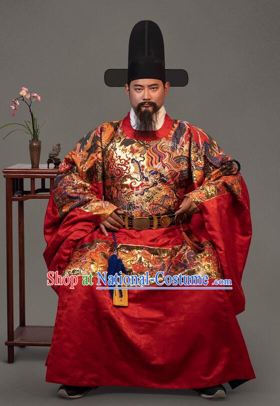 China Ancient Official Clothing Male Hanfu Red Brocade Robe Ming Dynasty Prime Minister Costume