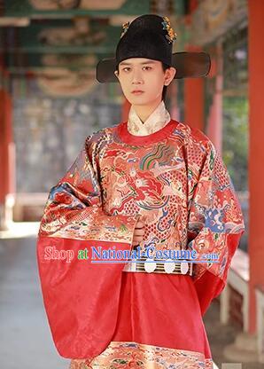 China Ming Dynasty Groom Costume Ancient Official Clothing Male Wedding Hanfu Red Brocade Robe