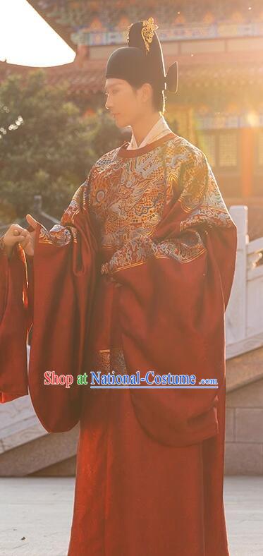 China Ancient Number One Scholar Zhuangyuan Clothing Male Wedding Hanfu Red Robe Ming Dynasty Groom Costume