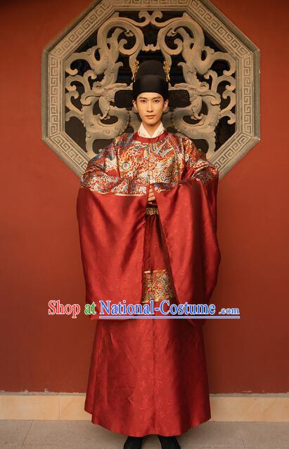 China Ancient Number One Scholar Zhuangyuan Clothing Male Wedding Hanfu Red Robe Ming Dynasty Groom Costume