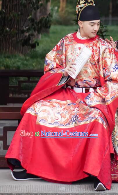 China Ming Dynasty Groom Costume Ancient Number One Scholar Zhuangyuan Clothing Male Wedding Hanfu Red Robe