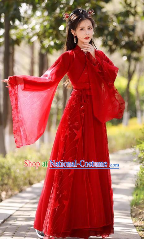 China Classical Jing Hong Dance Red Dress Ancient Fairy Hanfu Han Dynasty Bride Costume