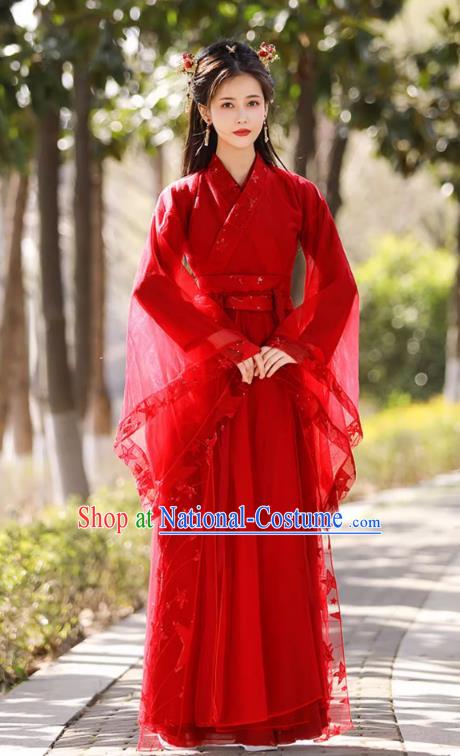 China Classical Jing Hong Dance Red Dress Ancient Fairy Hanfu Han Dynasty Bride Costume