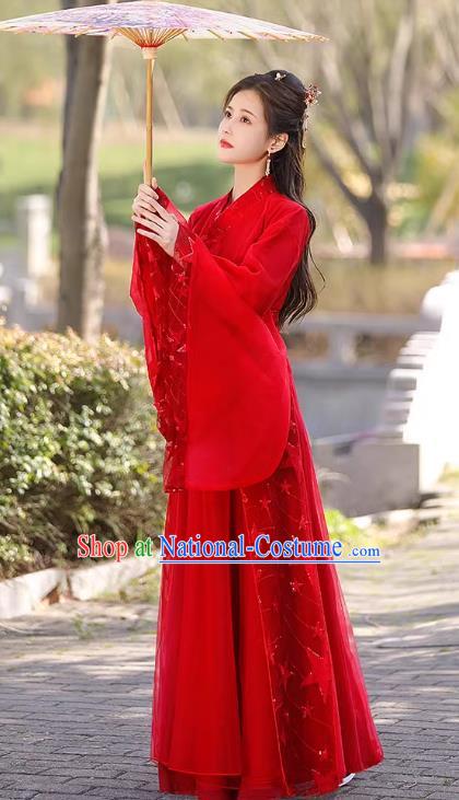 China Classical Jing Hong Dance Red Dress Ancient Fairy Hanfu Han Dynasty Bride Costume