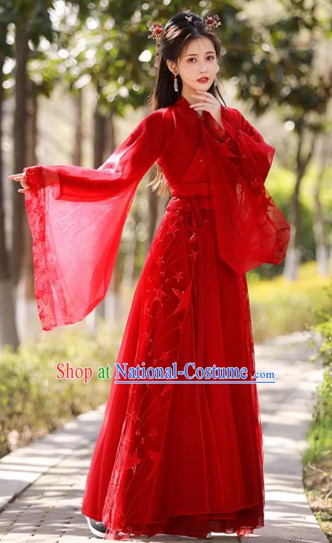 China Classical Jing Hong Dance Red Dress Ancient Fairy Hanfu Han Dynasty Bride Costume