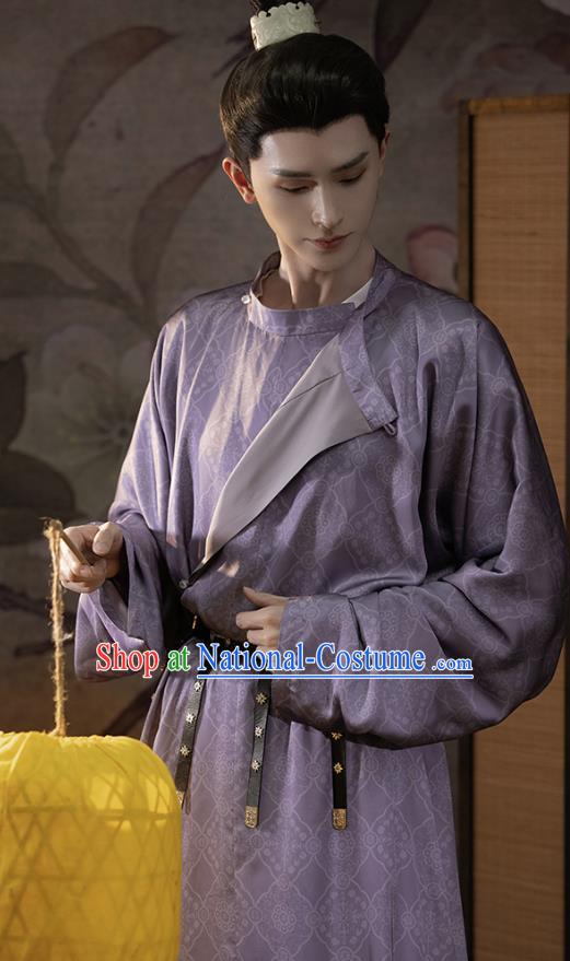 China Tang Dynasty Swordsman Clothing Ancient Young Hero Costumes Traditional Male Hanfu Purple Round Collar Robe