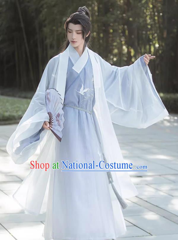 China Traditional Hanfu Blue Outfit Ming Dynasty Swordsman Clothing Ancient Young Scholar Costumes