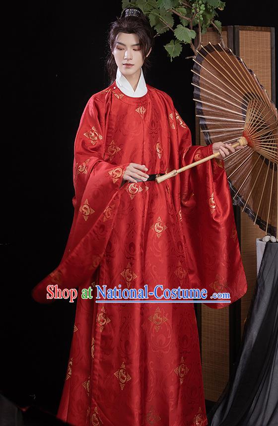 China Traditional Wedding Hanfu Red Brocade Robe Ming Dynasty Noble Childe Clothing Ancient Scholar Costumes