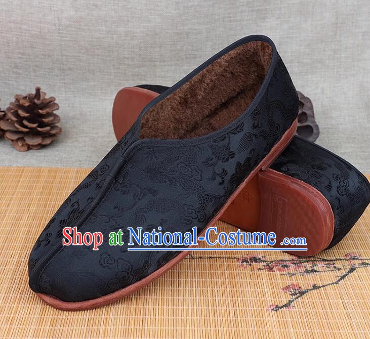 China Old Beijing Cloth Shoes Handmade Male Shoes Black Kung Fu Shoes Winter Dragon Pattern Insulated Shoes