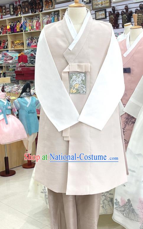 Korean Embroidered Male Costumes Traditional Hanbok Wedding Groom Clothing Beige Top and Pants