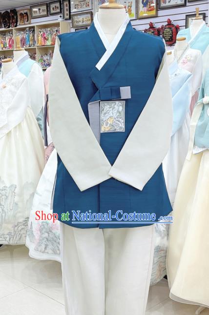 Korean Wedding Groom Clothing Dark Blue Shirt and Pants Embroidered Male Costumes Traditional Hanbok