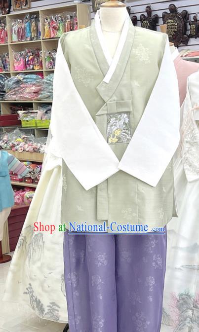 Traditional Groom Hanbok Green Shirt and Purple Pants Korean Embroidered Male Costumes Wedding Clothing