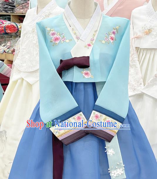 Traditional Hanbok Korean Wedding Costumes Embroidered Blue Blouse and Dress Complete Set