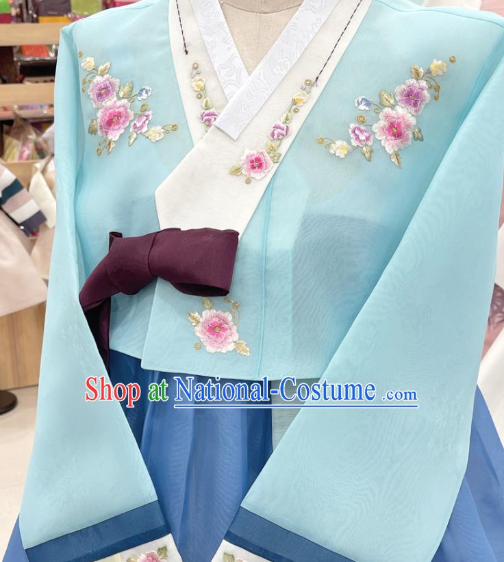 Traditional Hanbok Korean Wedding Costumes Embroidered Blue Blouse and Dress Complete Set