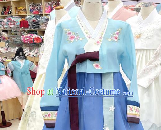 Traditional Hanbok Korean Wedding Costumes Embroidered Blue Blouse and Dress Complete Set