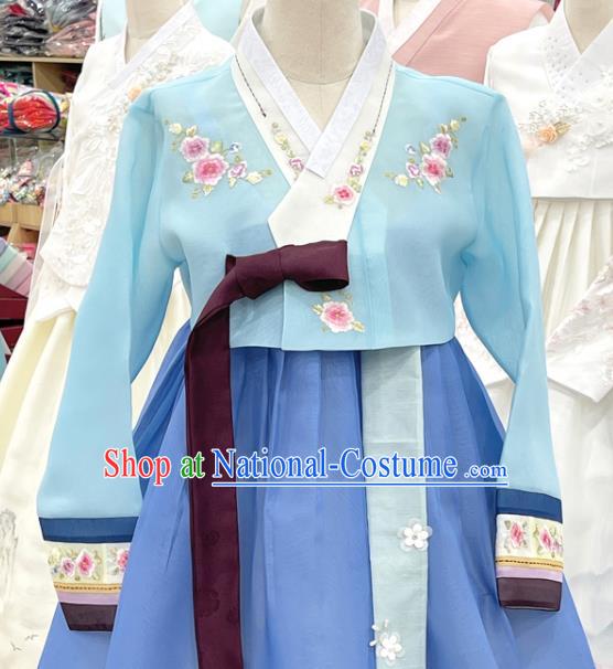 Traditional Hanbok Korean Wedding Costumes Embroidered Blue Blouse and Dress Complete Set