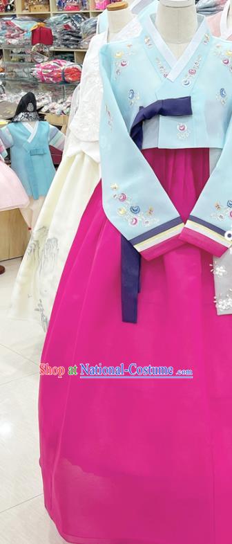 Korean Embroidered Light Blue Blouse and Magenta  Dress Traditional Hanbok Wedding Costumes Complete Set