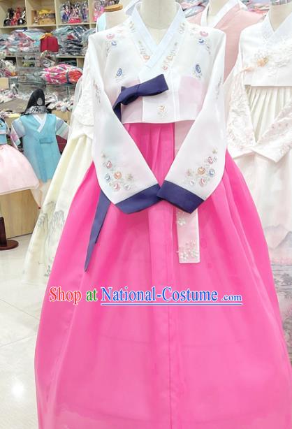 Korean Bride Clothing Embroidered White Blouse and Pink Dress Traditional Hanbok Wedding Costumes