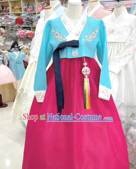 Traditional Hanbok Wedding Costumes Korean Bride Clothing Embroidered Blue Blouse and Magenta Dress