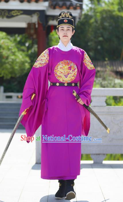 China Ming Dynasty Official Purple Dragon Robe Traditional Hanfu Garment Ancient Imperial Bodyguard Costume