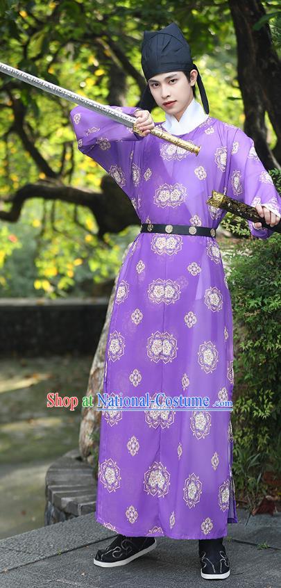 China Ancient Swordsman Costume Tang Dynasty Young Hero Purple Round Collar Robe Traditional Hanfu Garment