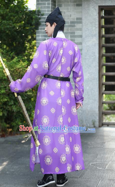 China Ancient Swordsman Costume Tang Dynasty Young Hero Purple Round Collar Robe Traditional Hanfu Garment