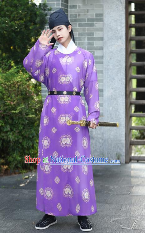 China Ancient Swordsman Costume Tang Dynasty Young Hero Purple Round Collar Robe Traditional Hanfu Garment