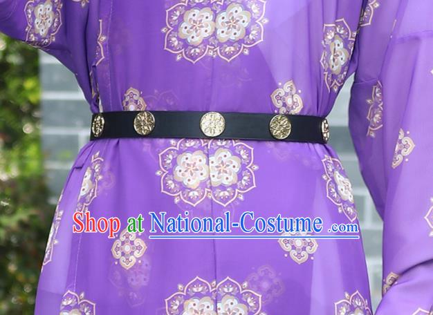 China Ancient Swordsman Costume Tang Dynasty Young Hero Purple Round Collar Robe Traditional Hanfu Garment