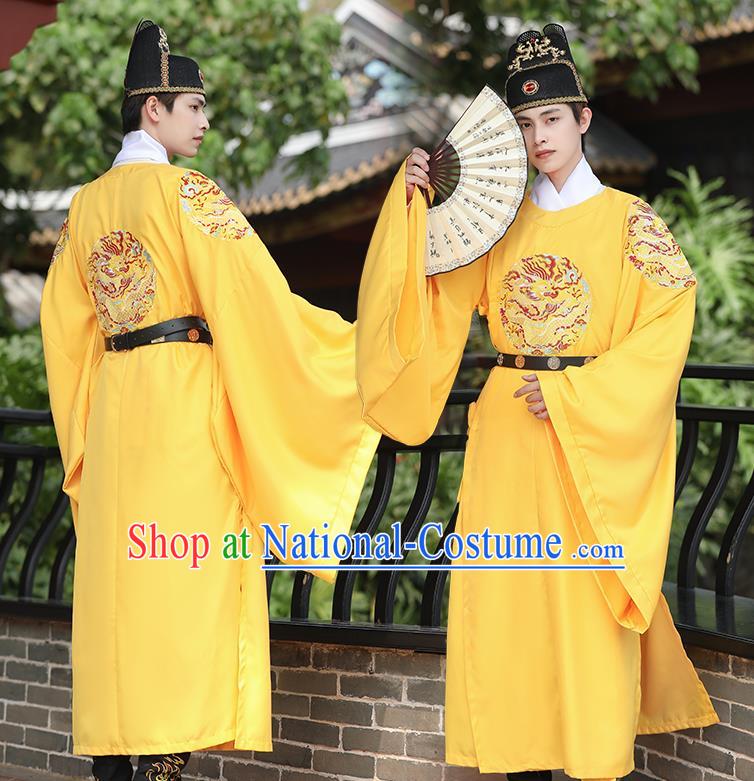 China Ming Dynasty Emperor Yellow Dragon Robe Traditional Hanfu Garment Ancient Royal Monarch Costume