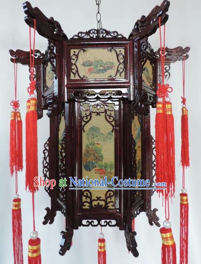 Top Handmade Palace Lantern Chinese Wood Carving Lantern Landscape Painting Lamp