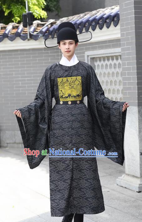 China Ming Dynasty Military Official Embroidered Lion Black Robe Traditional Hanfu Garment Ancient Officer Costume