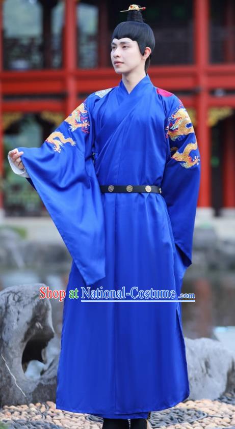 China Traditional Male Hanfu Garment Ancient Emperor Costume Ming Dynasty Prince Blue Embroidered Dragon Robe