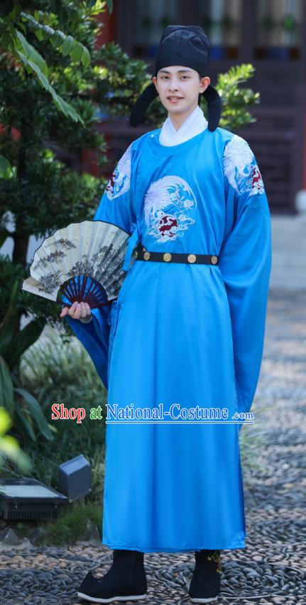 China Tang Dynasty Childe Blue Embroidered Robe Traditional Male Hanfu Garment Ancient Official Costume