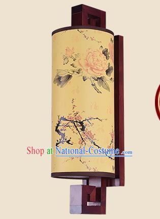 Chinese Wood Wall Lantern Top Peony Plum Painting Lamp Handmade Hallway Lamp