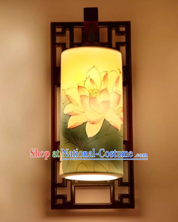 Top Lotus Painting Ceramic Lamp Handmade Hallway Lamp Chinese Wood Wall Lantern