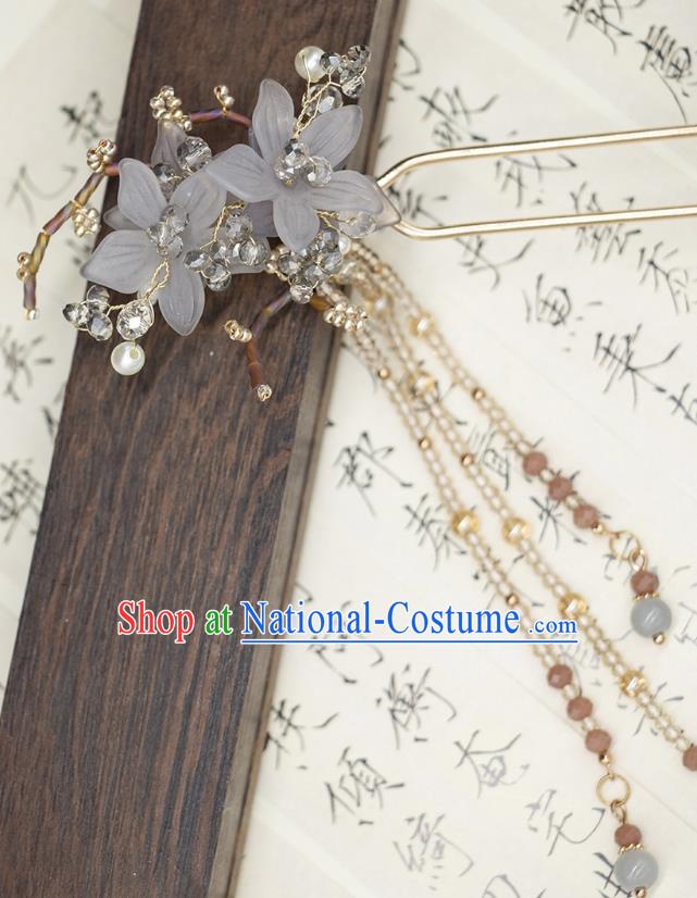 China Ancient Empress Tassel Hairpin Handmade Ming Dynasty Princess Grey Flower Hair Clip Hanfu Hair Jewelry