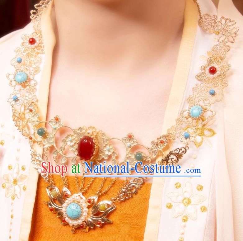 China Tang Dynasty Princess Necklace Handmade Hanfu Ear Jewelry Ancient Dunhuang Fairy Golden Necklet