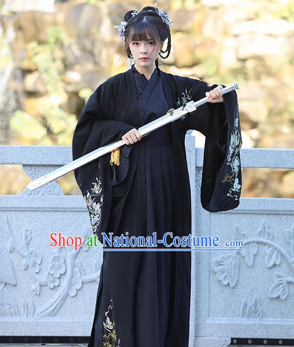 China Han Dynasty Young Lady Clothing Traditional Hanfu Black Dress Ancient Swordswoman Costumes