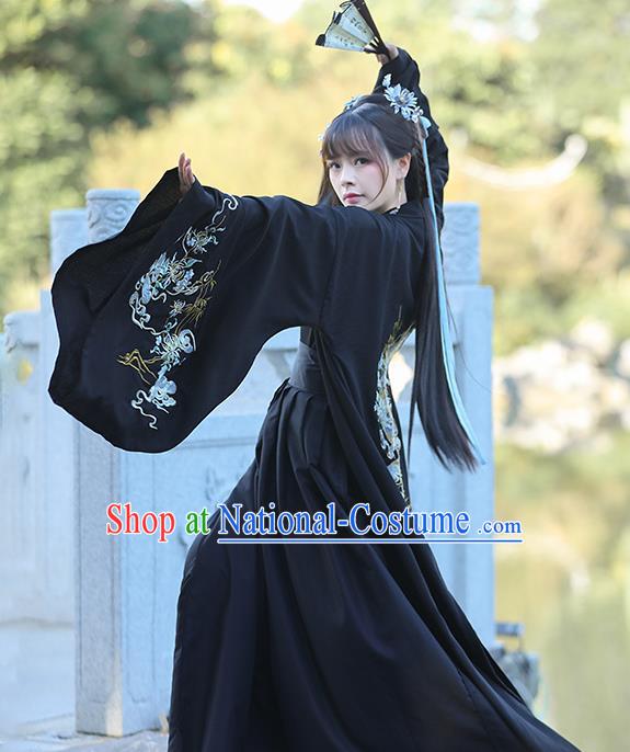 China Han Dynasty Young Lady Clothing Traditional Hanfu Black Dress Ancient Swordswoman Costumes