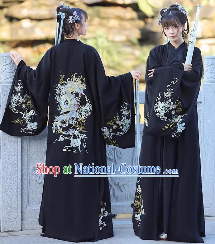 China Han Dynasty Young Lady Clothing Traditional Hanfu Black Dress Ancient Swordswoman Costumes