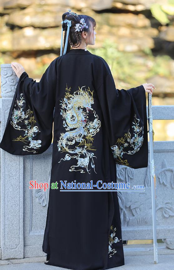 China Han Dynasty Young Lady Clothing Traditional Hanfu Black Dress Ancient Swordswoman Costumes