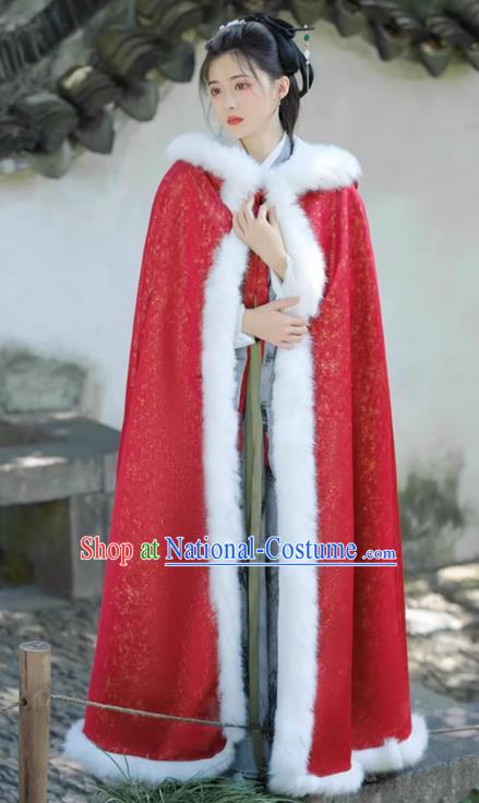 China Traditional Hanfu Red Cloak Ancient Princess Winter Costume Ming Dynasty Young Woman Mantle Clothing