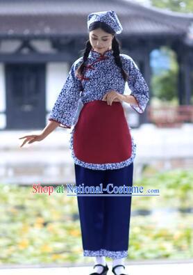 Traditional Hakka Village Girl Costume Folk Dance Outfit China Yangko Performance Clothing