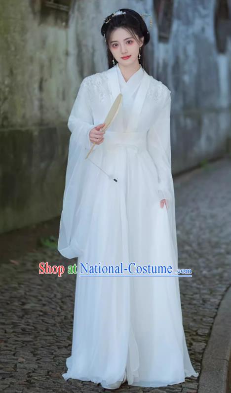 China Jin Dynasty Woman Costumes Traditional Hanfu White Dress Ancient Xianxia Swordsman Clothing