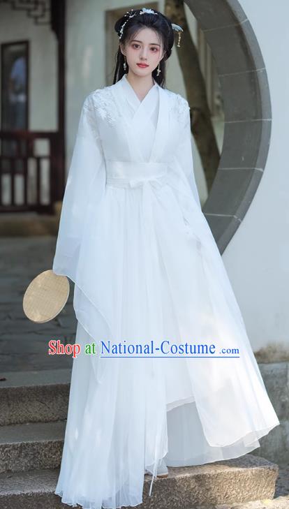 China Jin Dynasty Woman Costumes Traditional Hanfu White Dress Ancient Xianxia Swordsman Clothing