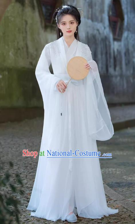 China Jin Dynasty Woman Costumes Traditional Hanfu White Dress Ancient Xianxia Swordsman Clothing