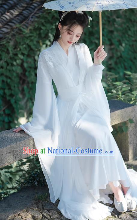 China Jin Dynasty Woman Costumes Traditional Hanfu White Dress Ancient Xianxia Swordsman Clothing