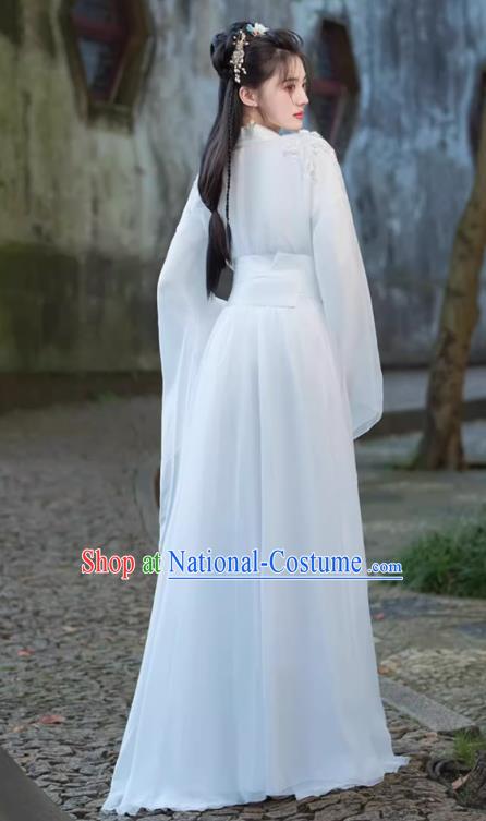 China Jin Dynasty Woman Costumes Traditional Hanfu White Dress Ancient Xianxia Swordsman Clothing