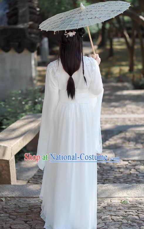 China Jin Dynasty Woman Costumes Traditional Hanfu White Dress Ancient Xianxia Swordsman Clothing