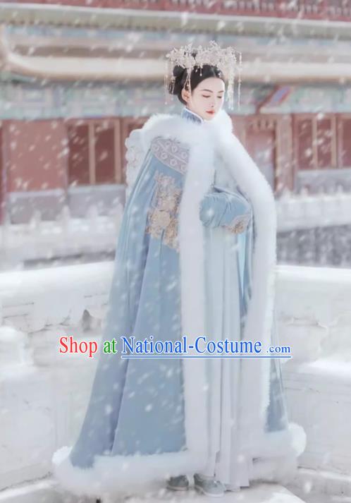 China Qing Dynasty Imperial Concubine Costume Traditional Manchu Woman Blue Cloak Ancient Court Empress Clothing